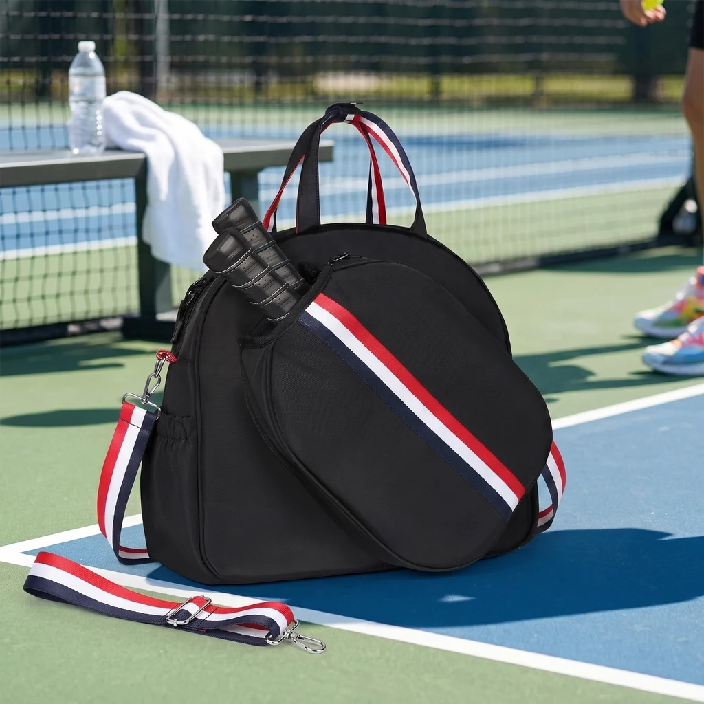 Sac de sport pickleball noir à rayure tricolore avec fourreau pagaie