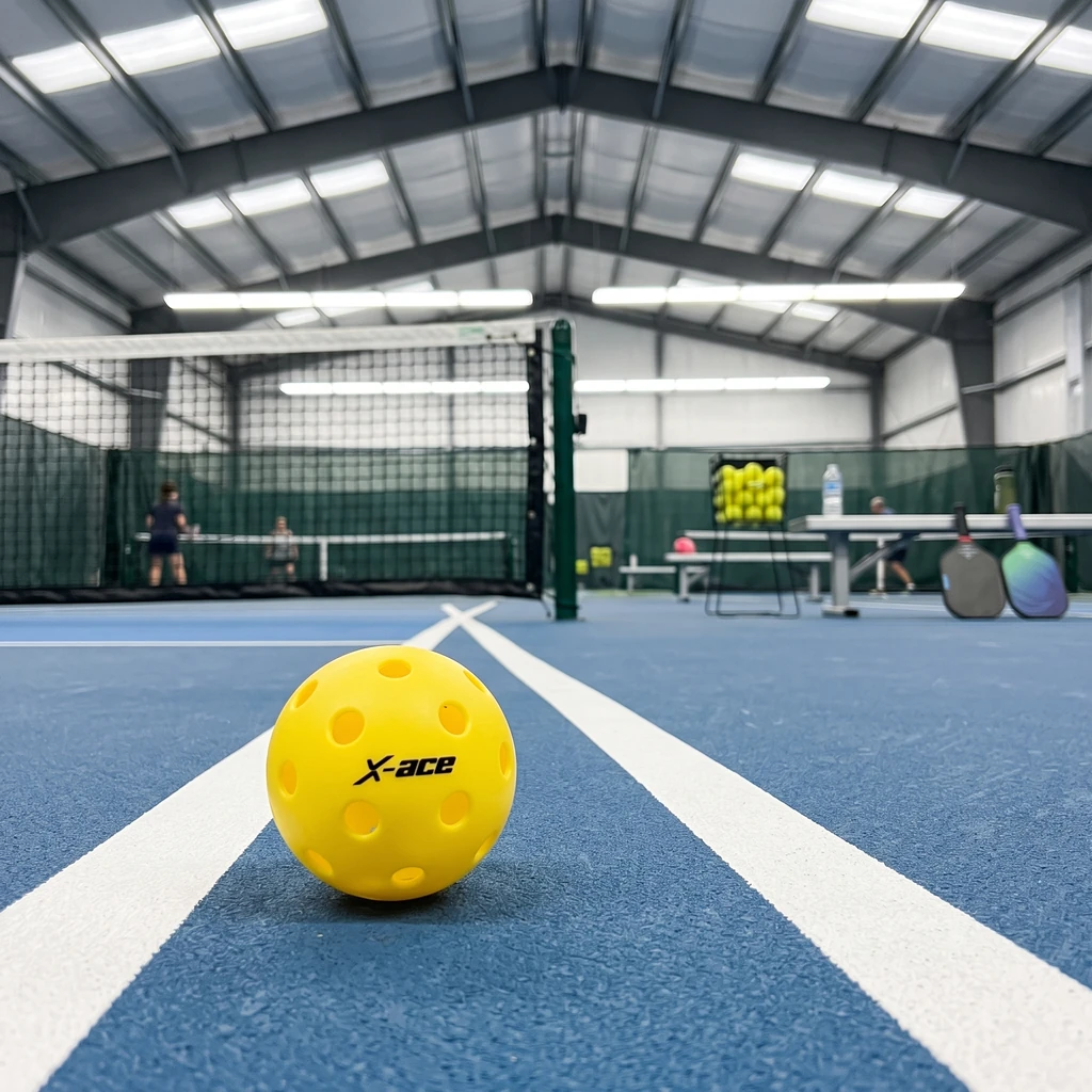 Balle de pickleball indoor posée sur la ligne d'un terrain en salle