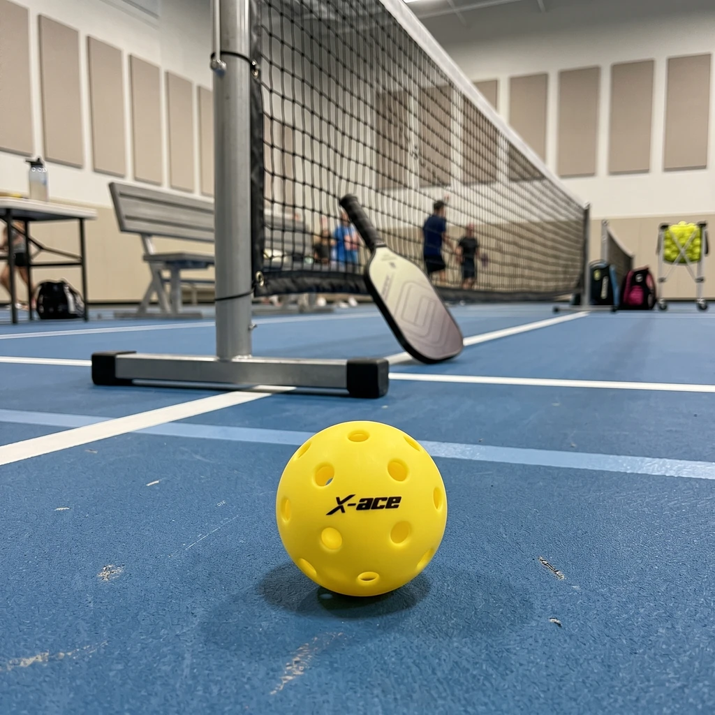 Balle de pickleball indoor au pied du filet dans un gymnase