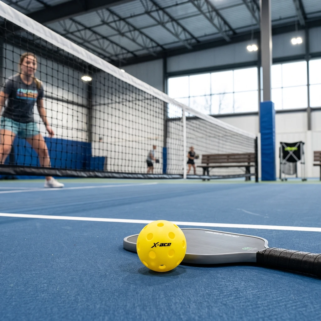 Balle de pickleball indoor et raquette sur un terrain de gymnase pendant un match