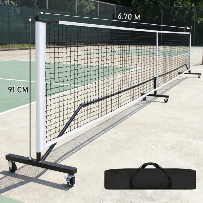 Filet de pickleball 6,7 m sur cadre à roues, cotes 6,70 m de large et 91 cm de haut, avec son sac
