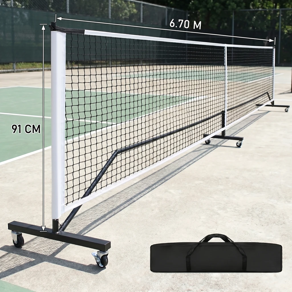 Filet de pickleball 6,7 m sur cadre à roues, cotes 6,70 m de large et 91 cm de haut, avec son sac