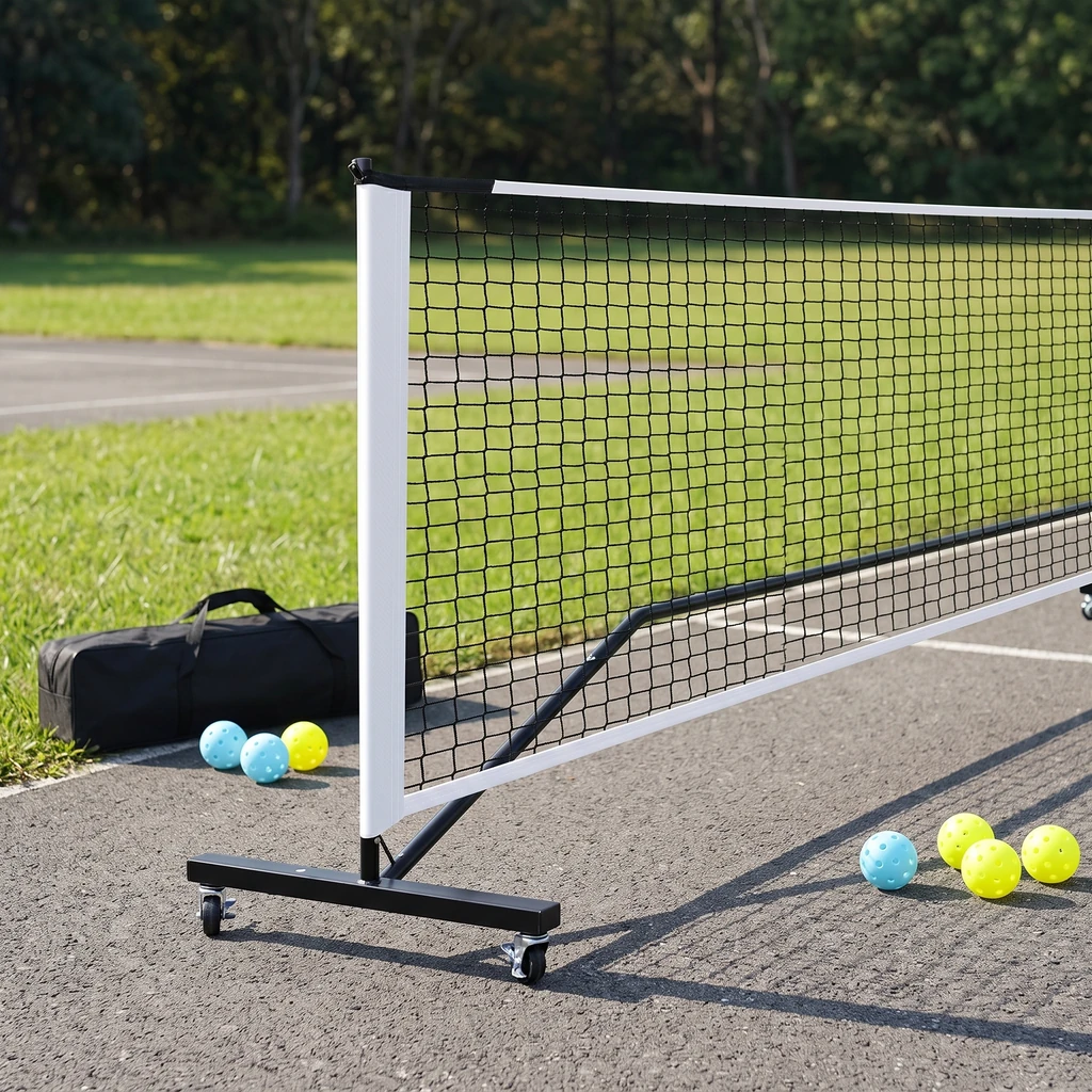 Filet de pickleball réglementaire monté en extérieur, sac de transport et balles au sol