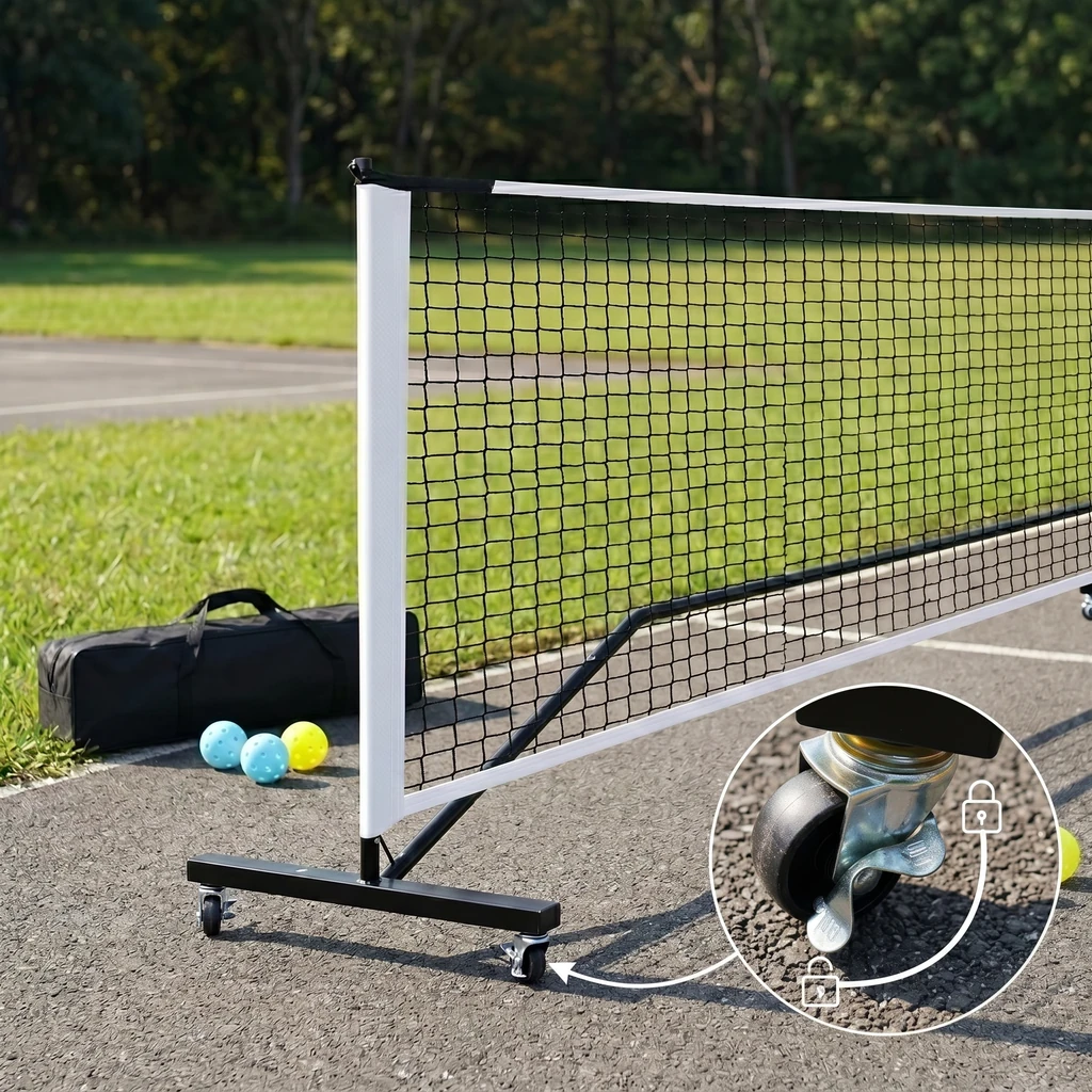 Gros plan sur une roue verrouillable du cadre du filet de pickleball