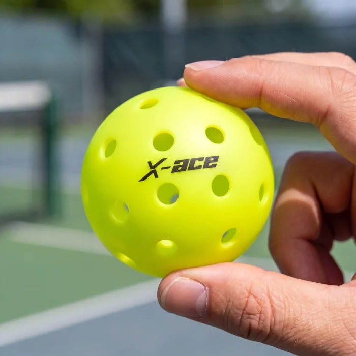Balle de pickleball outdoor X-ace 40 trous tenue à la main sur un terrain extérieur