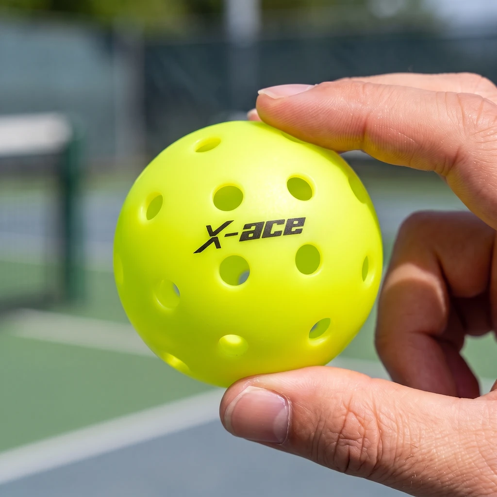 Balle de pickleball outdoor X-ace 40 trous tenue à la main sur un terrain extérieur