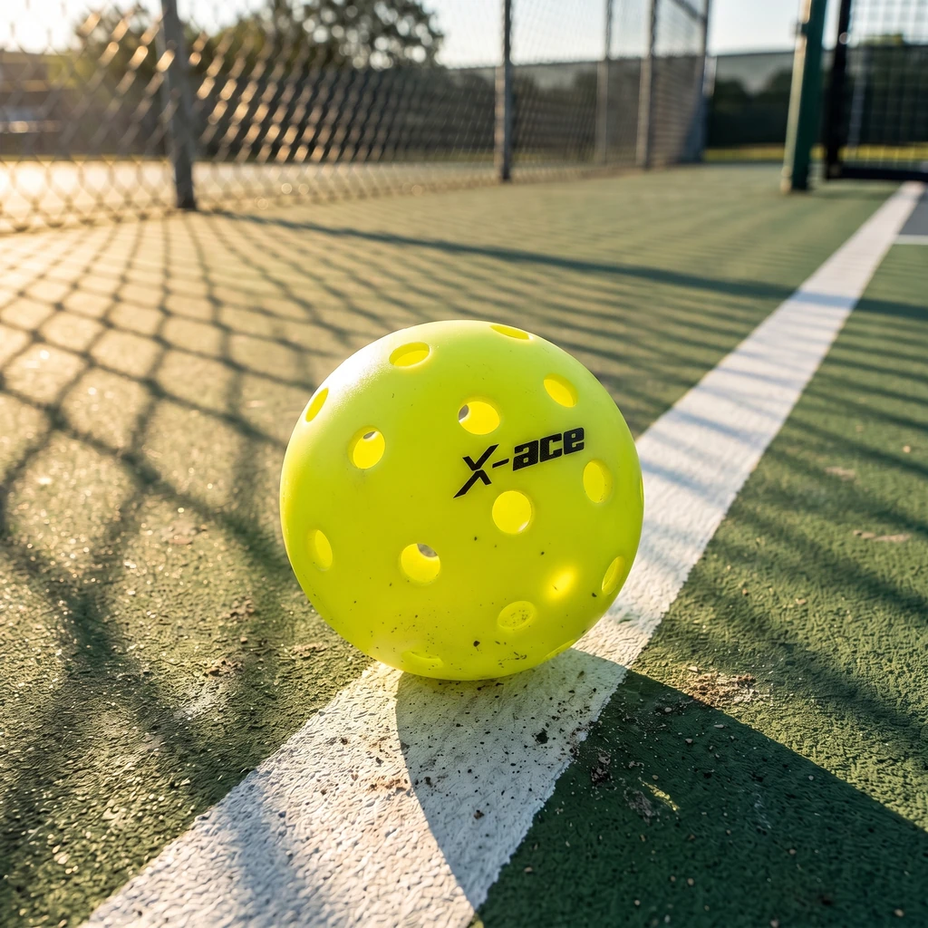 Balle de pickleball outdoor posée sur la ligne d'un terrain extérieur