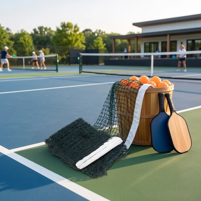 Nappe de filet de pickleball pliée avec sa bande blanche, posée sur un terrain