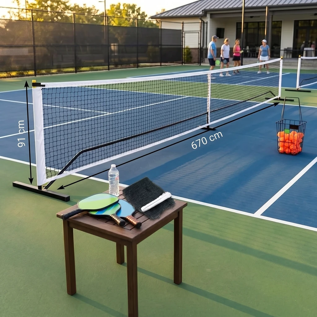 Filet de pickleball monté, cotes 670 cm de large et 91 cm de haut