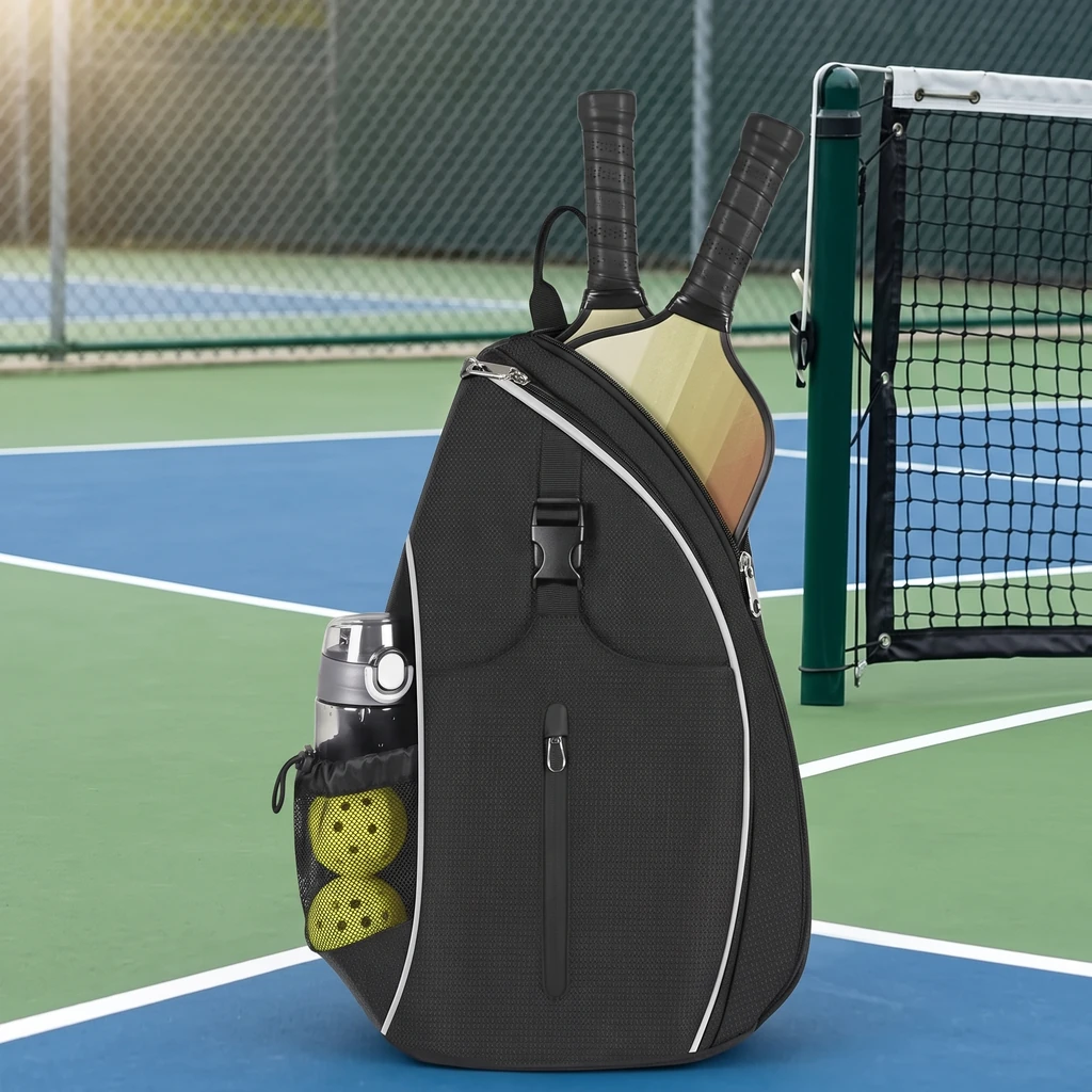 Sac sling pickleball réversible noir, fourreau pagaie et poche à balles