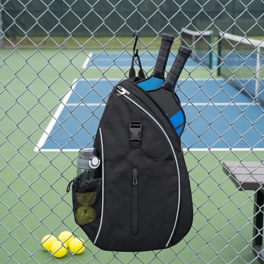 Sac sling pickleball noir accroché au grillage, 2 pagaies rangées