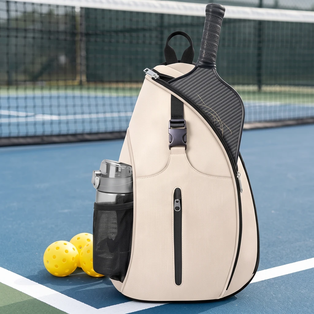 Sac sling pickleball beige avec pagaie carbone et gourde
