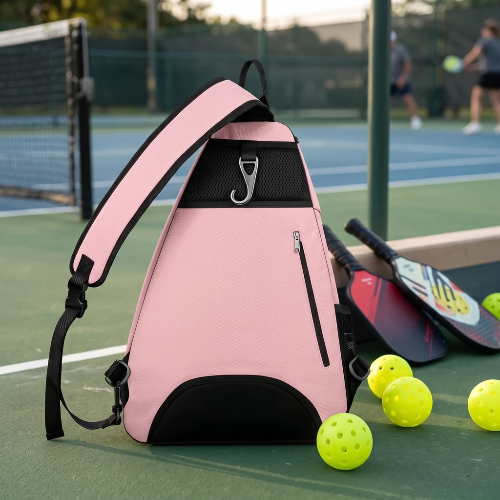 Sac sling pickleball rose, vue arrière et bandoulière réglable