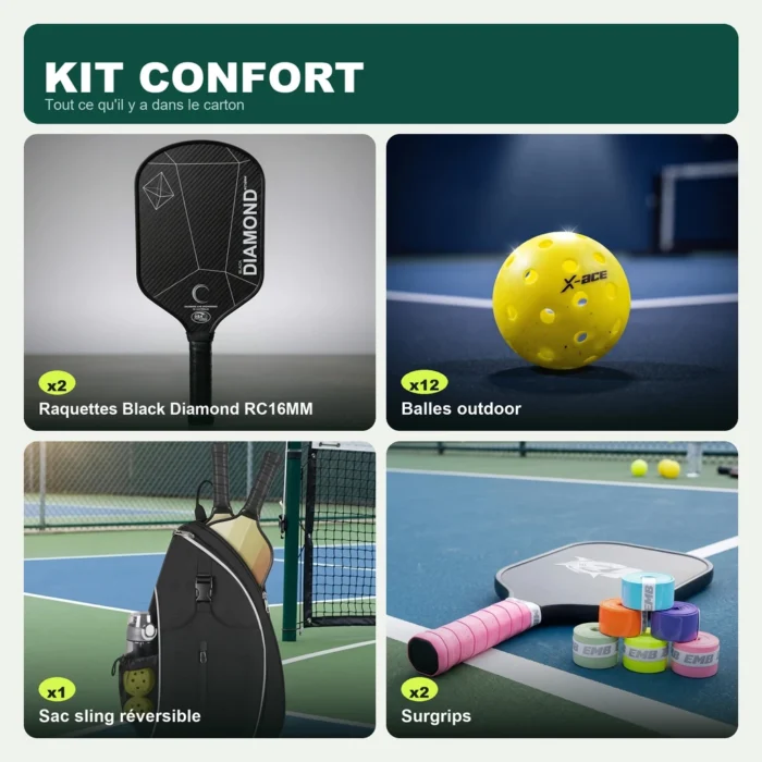 Contenu du Kit Confort : 2 raquettes Black Diamond RC16MM, 12 balles X-ace Outdoor, Sac sling réversible, Surgrips colorés