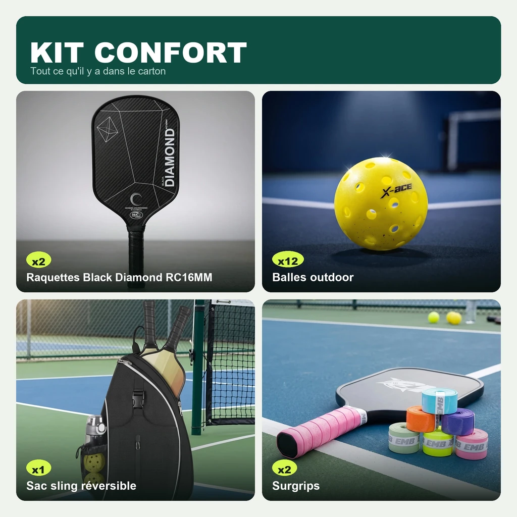 Contenu du Kit Confort : 2 raquettes Black Diamond RC16MM, 12 balles X-ace Outdoor, Sac sling réversible, Surgrips colorés