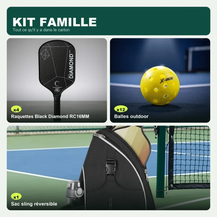 Contenu du Kit Famille : 4 raquettes Black Diamond RC16MM, 12 balles X-ace Outdoor, Sac sling réversible