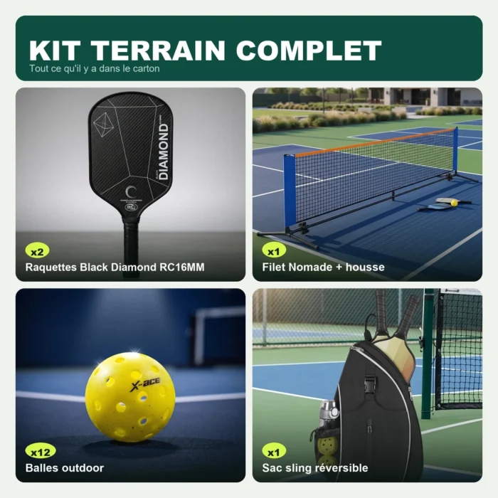 Contenu du Kit Terrain Complet : 2 raquettes Black Diamond RC16MM, Filet Nomade et sa housse, 12 balles X-ace Outdoor, Sac sling réversible